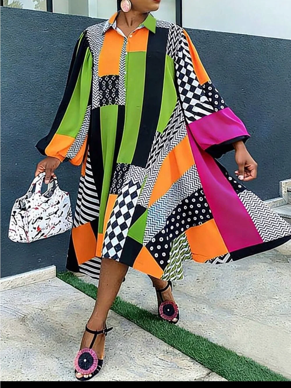 SHEIN Neon Patchwork High-Low Shirt Dress in Green, Orange & Pink
